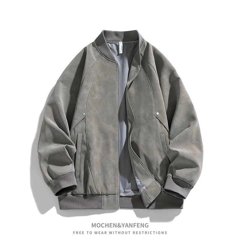 【春季复古飞行员棒球领夹克外套】宽松潮流男上衣情侣休闲皮衣6823