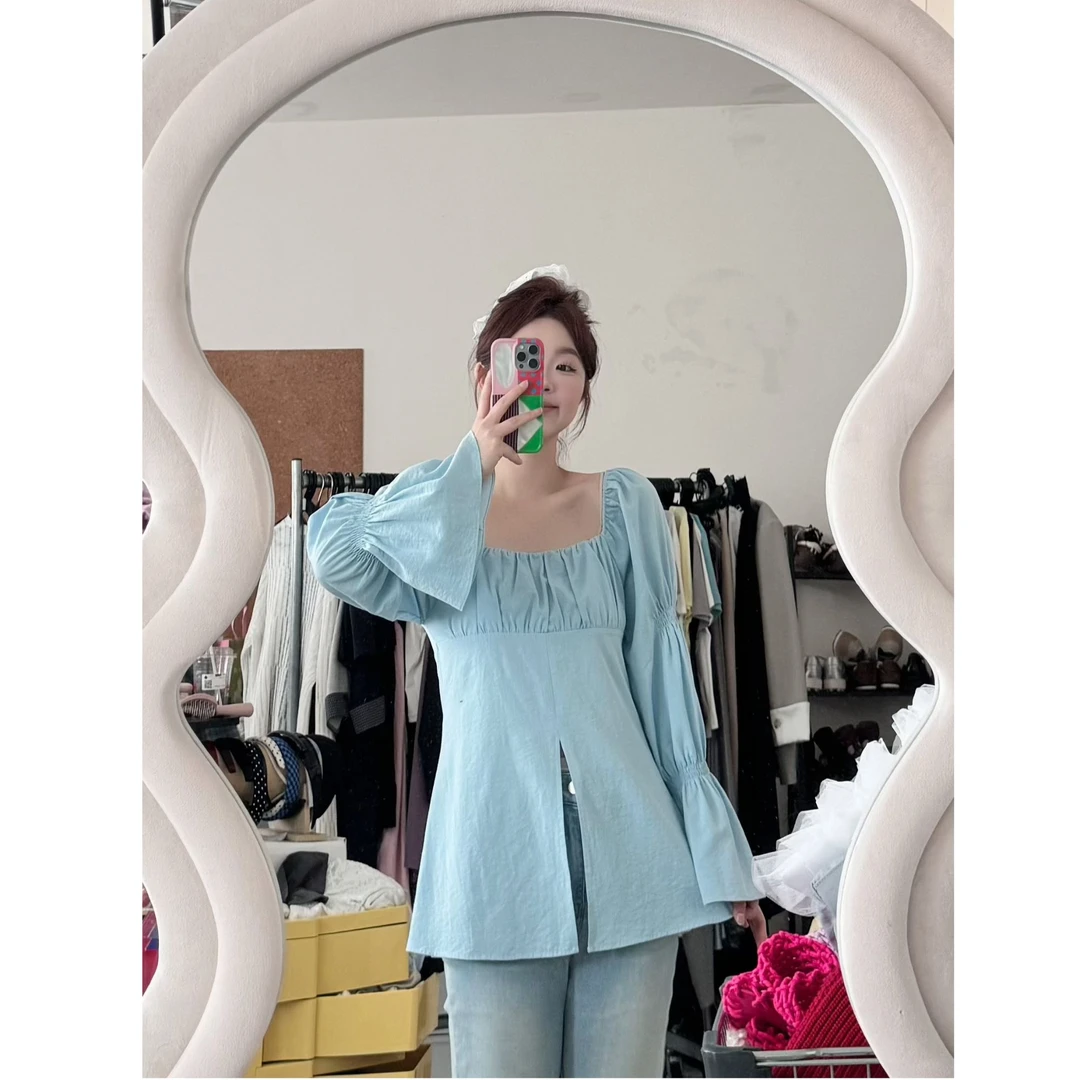 晶咕【告白讯息】设计师款褶皱方领泡泡袖下摆开叉上衣