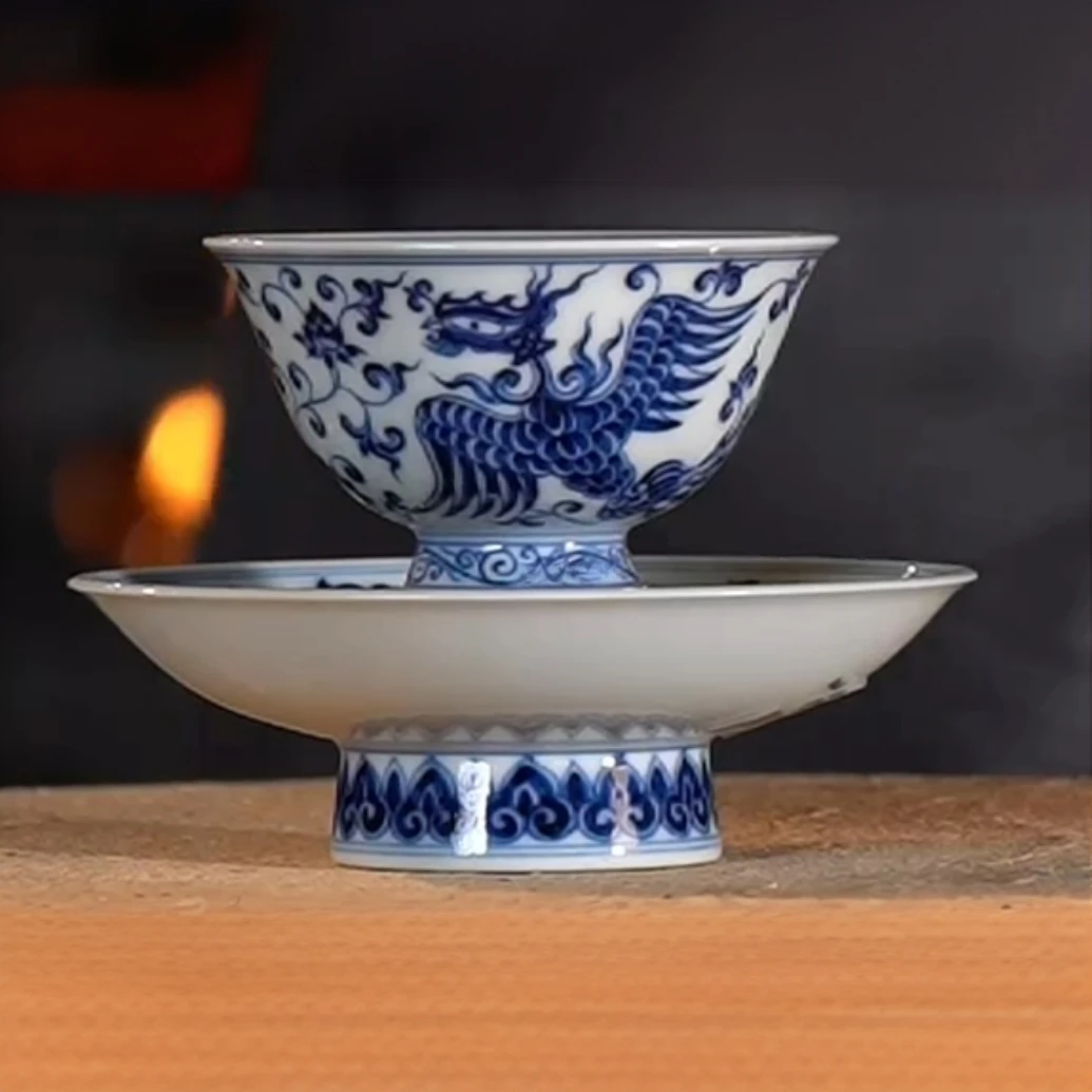 【樊匠造器】仿明青花凤纹高足套组（一杯一托）