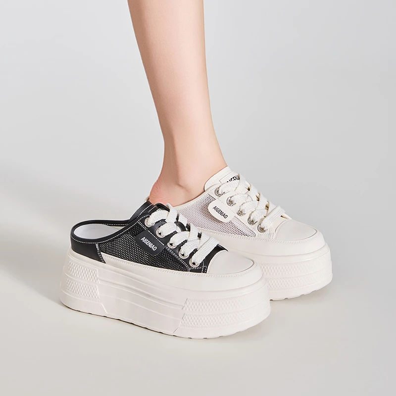 【8-10公分】时尚包头半拖鞋女外穿2025夏新款透气网面小个子女鞋