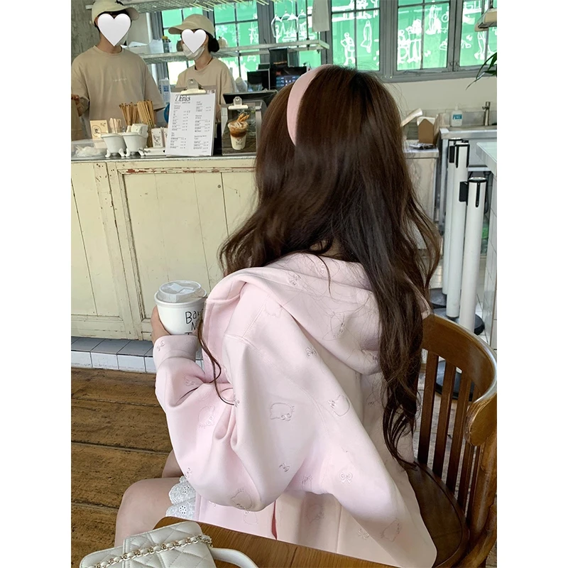 重工万针刺绣猫咪连帽拉链卫衣女秋冬季韩系甜美慵懒宽松上衣外套