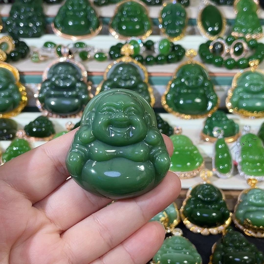和田玉（碧玉）18K金镶嵌颈饰粉绿佛公50