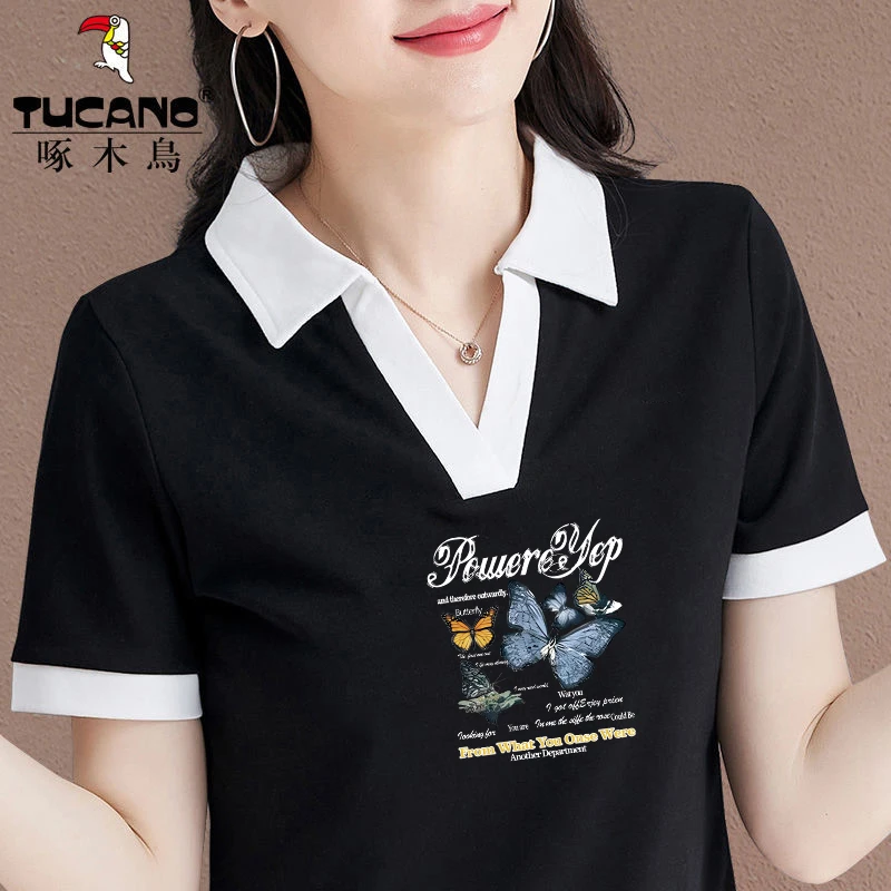 啄木鸟正品2025年夏季新款印花翻领T恤女士爆款韩版短袖拼色上衣