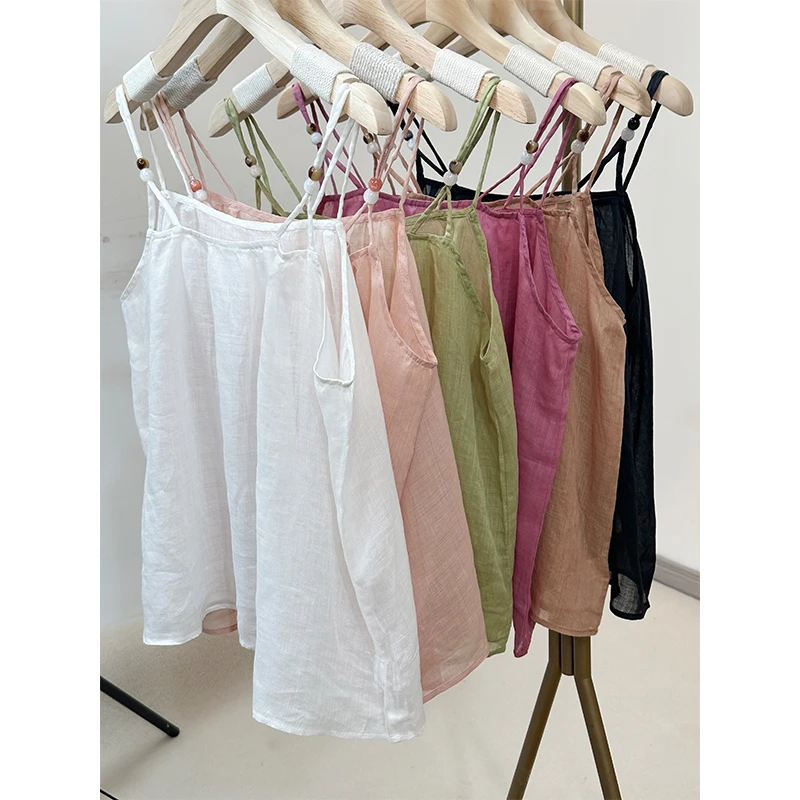 25夏新纯苎麻细麻纯色宽松小吊带女装内搭背心 轻盈微透