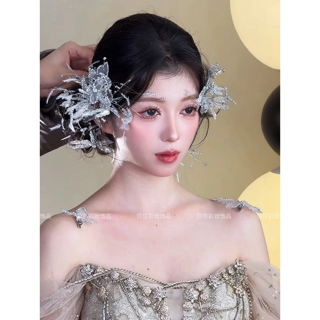 T7099新款新娘头饰高级森系气质边夹结婚发饰婚礼蝴蝶发夹拍照