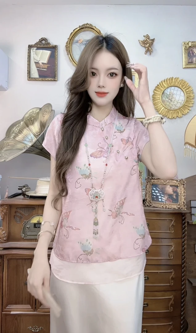 【633】新中式国风蝴蝶印花斜襟气质夏季女士衬衫洋气复古禅意上衣