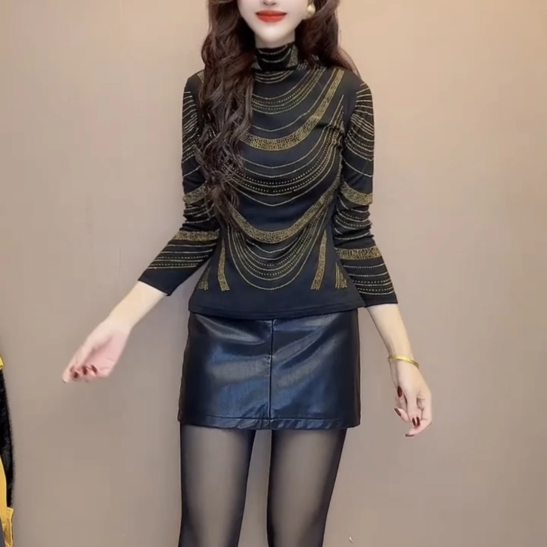 女长袖加绒烫钻高领修身型半高领T恤千金风镶钻抗起球