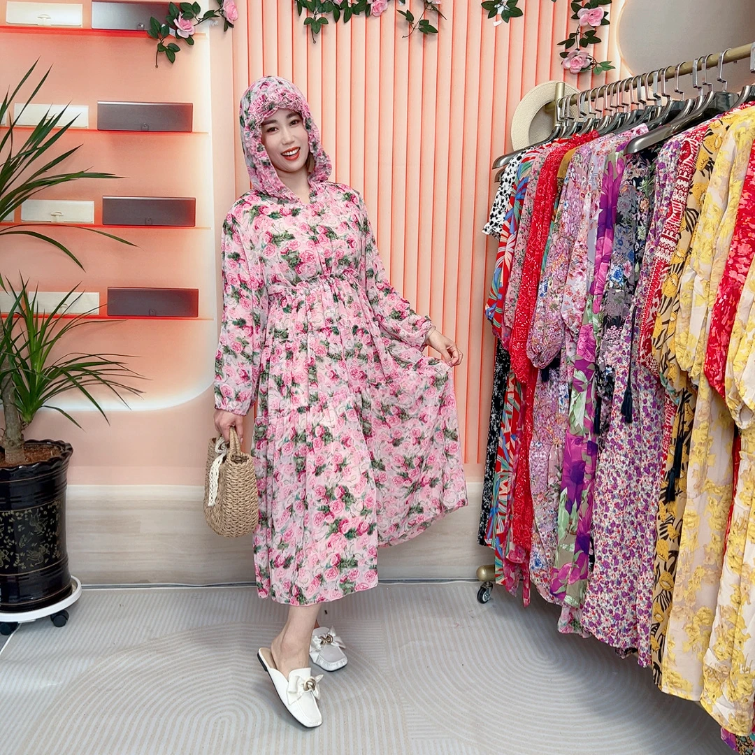 【玫瑰连帽】新款连帽防晒沙滩裙碎花裙子显瘦时尚洋气气质连衣裙