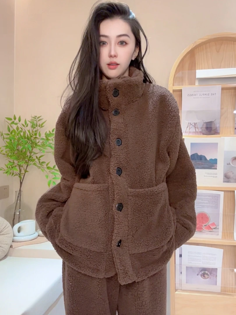 【清清清】高定高织高密加绒北羔绒睡衣女秋冬季套装家居服保暖长袖