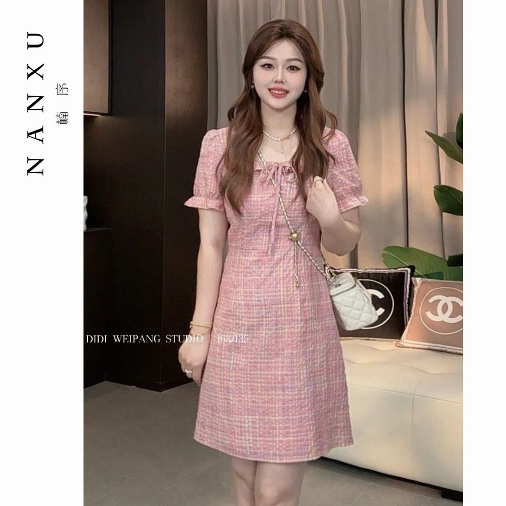 楠序乔乔微胖女装泡泡袖法式方领大码连衣裙夏季藏肉长裙DD8238