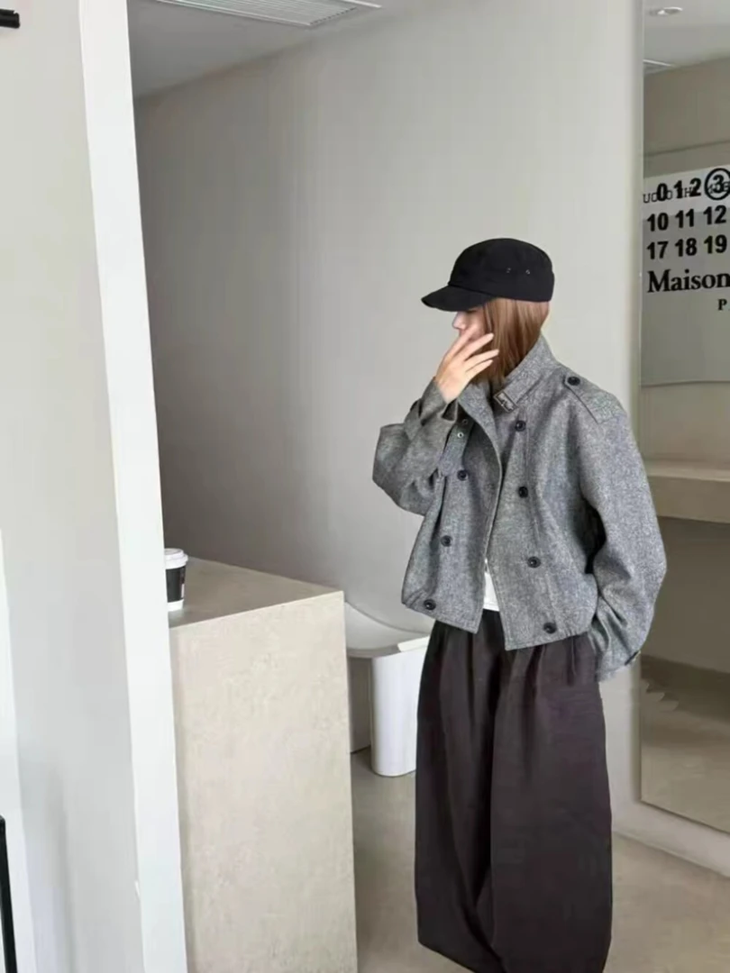 韩系双排扣短外套毛呢女装2025秋季新款灰色设计感很时尚