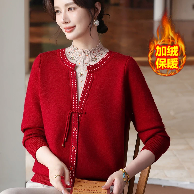 妈妈秋冬本命年加绒红色加厚毛衣2025新款中老年女保暖衣服打底衫