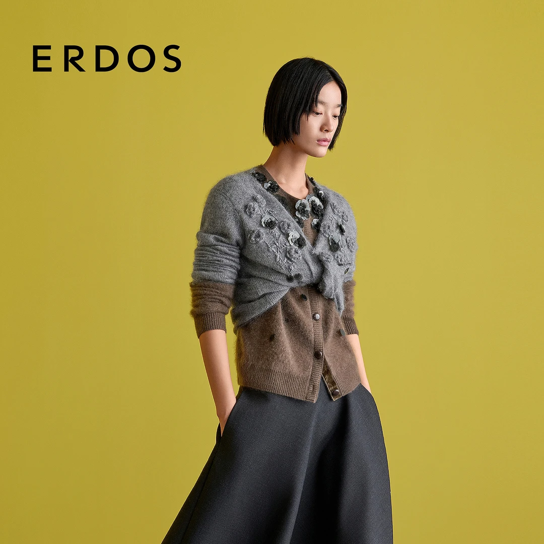ERDOS 圆领女针织开衫25年早秋新品亮片花朵装饰马海毛格雷系上衣