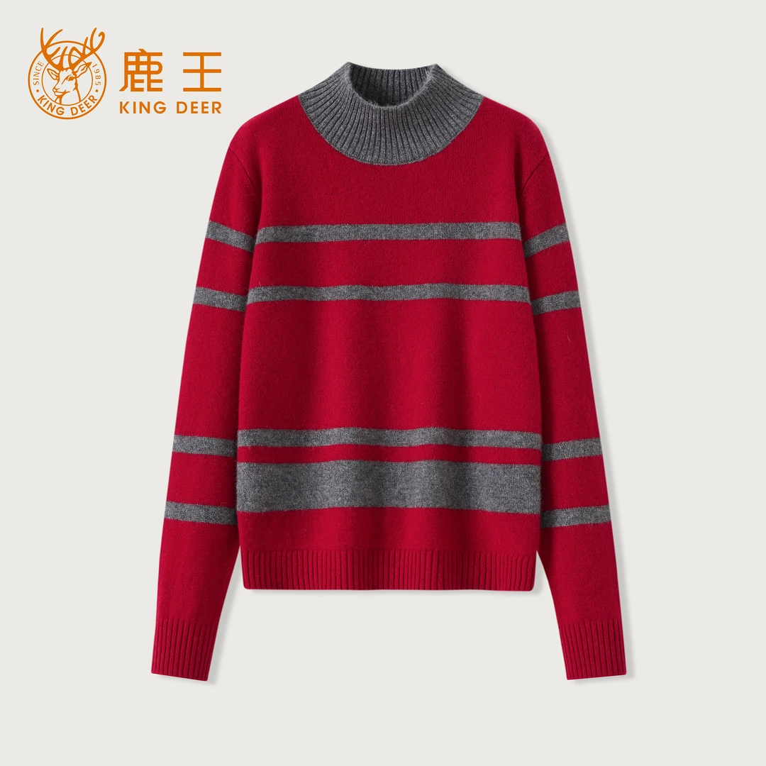 King Deer/鹿王24冬季条纹女士休闲针织半高领百搭羊绒衫L804348