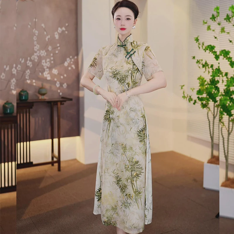 [Apple07]新款复古风长款优雅旗袍中国风妈妈女款旗袍连衣裙夏季