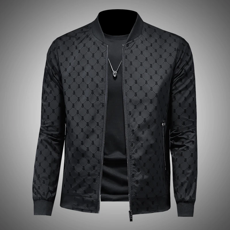 高端欧货男装植绒印花外套男秋装棒球服新款潮流黑色百搭休闲夹克