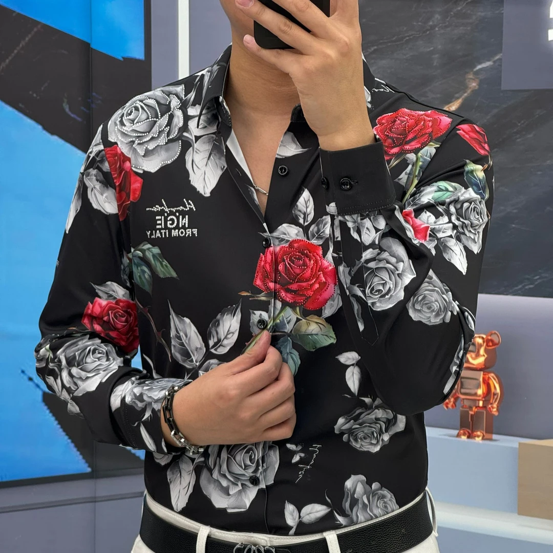 轩诚2025春季新款玫瑰花潮流时尚休闲帅气印花修身韩版衬衣82541