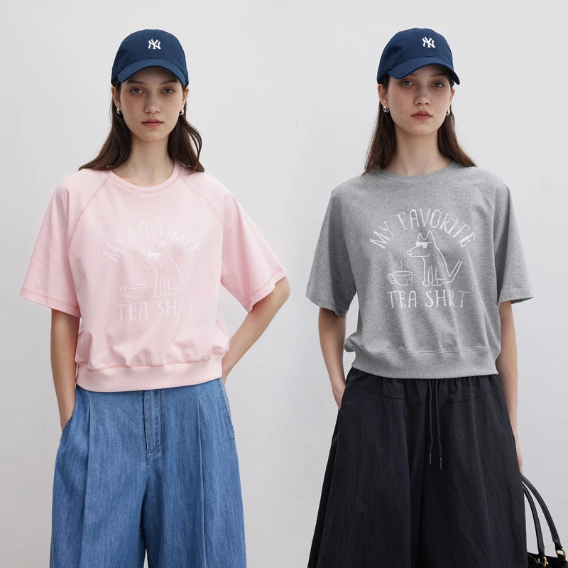 DotDrobe/多着萌宠手绘 纯棉卫衣版型插肩袖中袖T恤女宽松-两色入