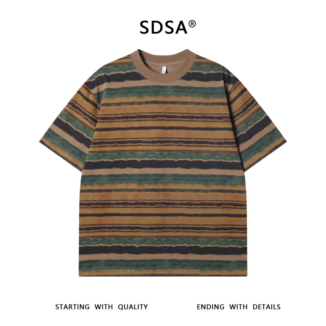 夏季高级感新款撞色晕染条纹圆领短袖T恤宽松百搭舒适上衣