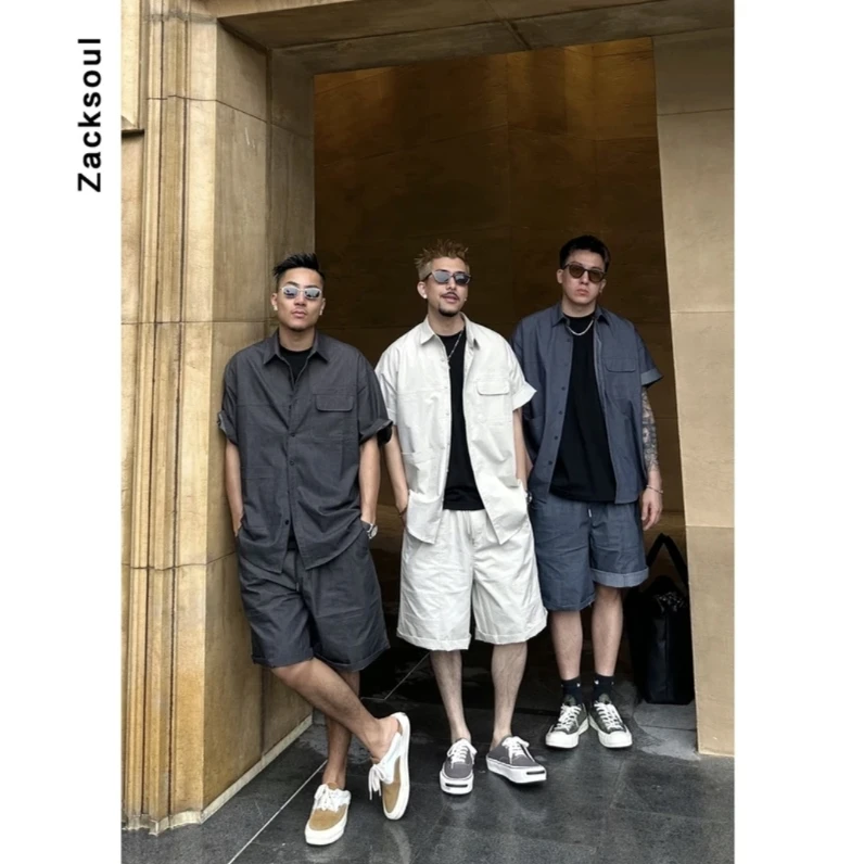 Zack校长 复古翻领蜡染水洗短袖套装日系衬衫短裤夏季薄款套装