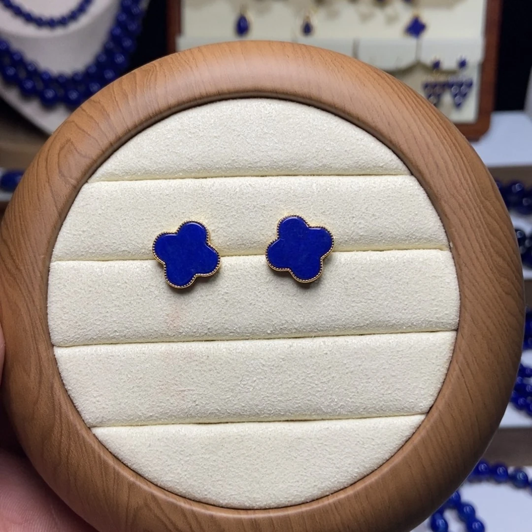 青金石银S925镶嵌耳饰四叶草耳钉