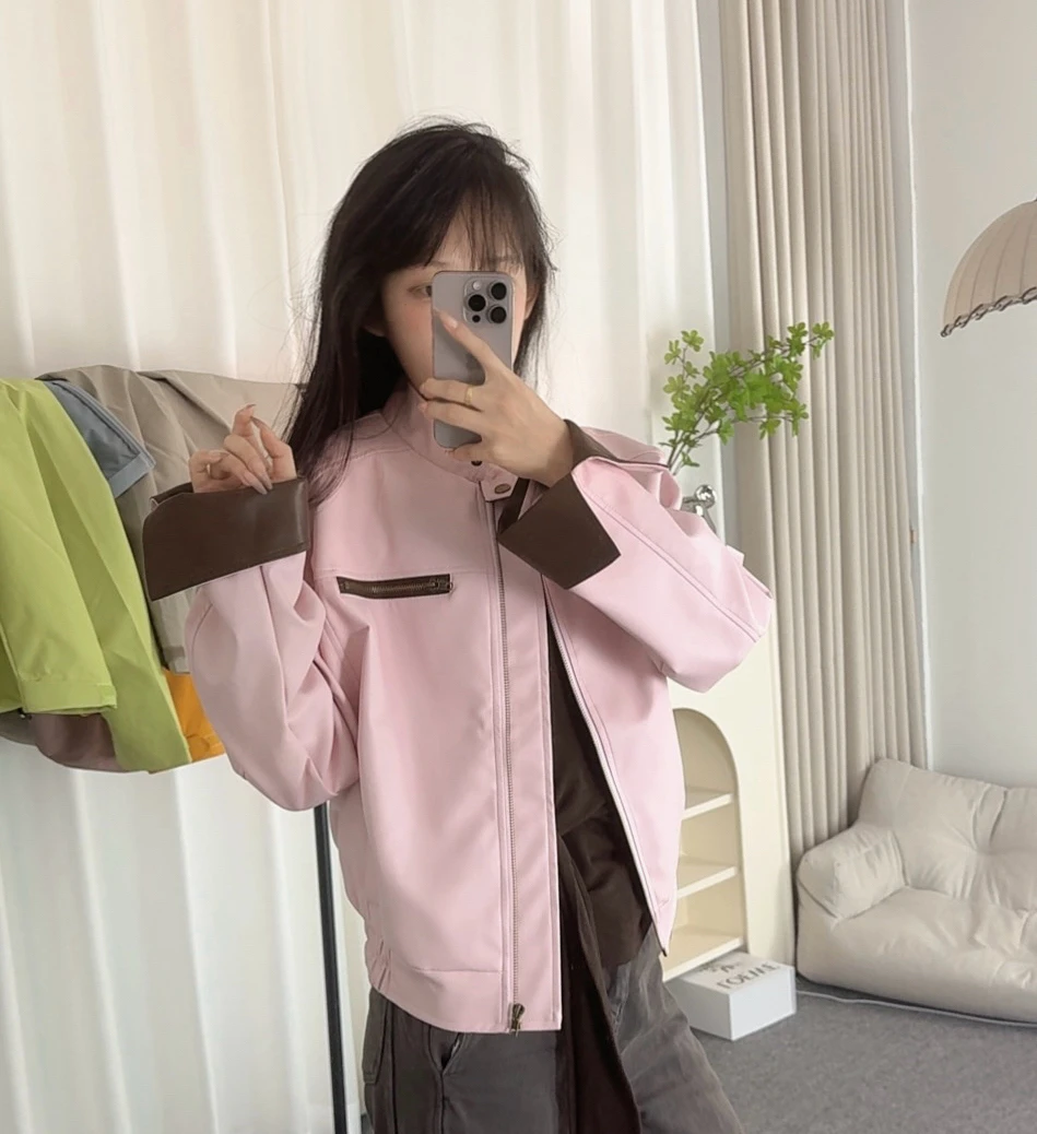 粉色皮衣外套女2025年秋季新款酷飒独特超好看短款休闲夹克上衣