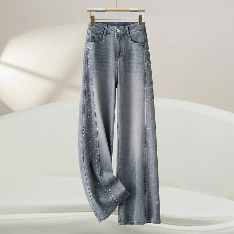 拉夏贝尔星空灰烫钻阔腿牛仔裤女春夏新款高腰显瘦宽松拖地直筒裤