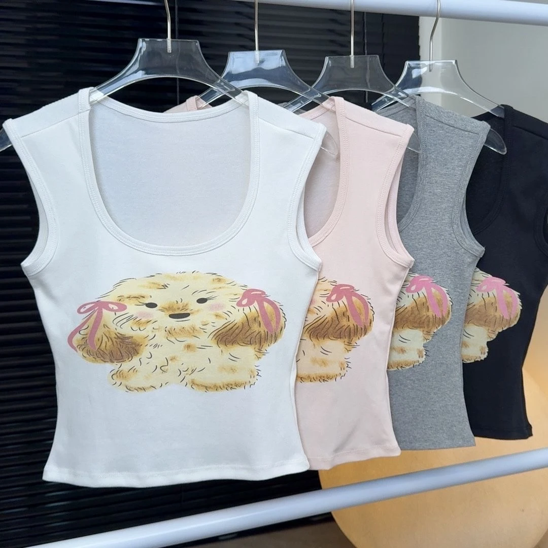 小狗印花辣妹性感修身U领上衣女夏季自带胸垫显瘦短款可爱小背心2