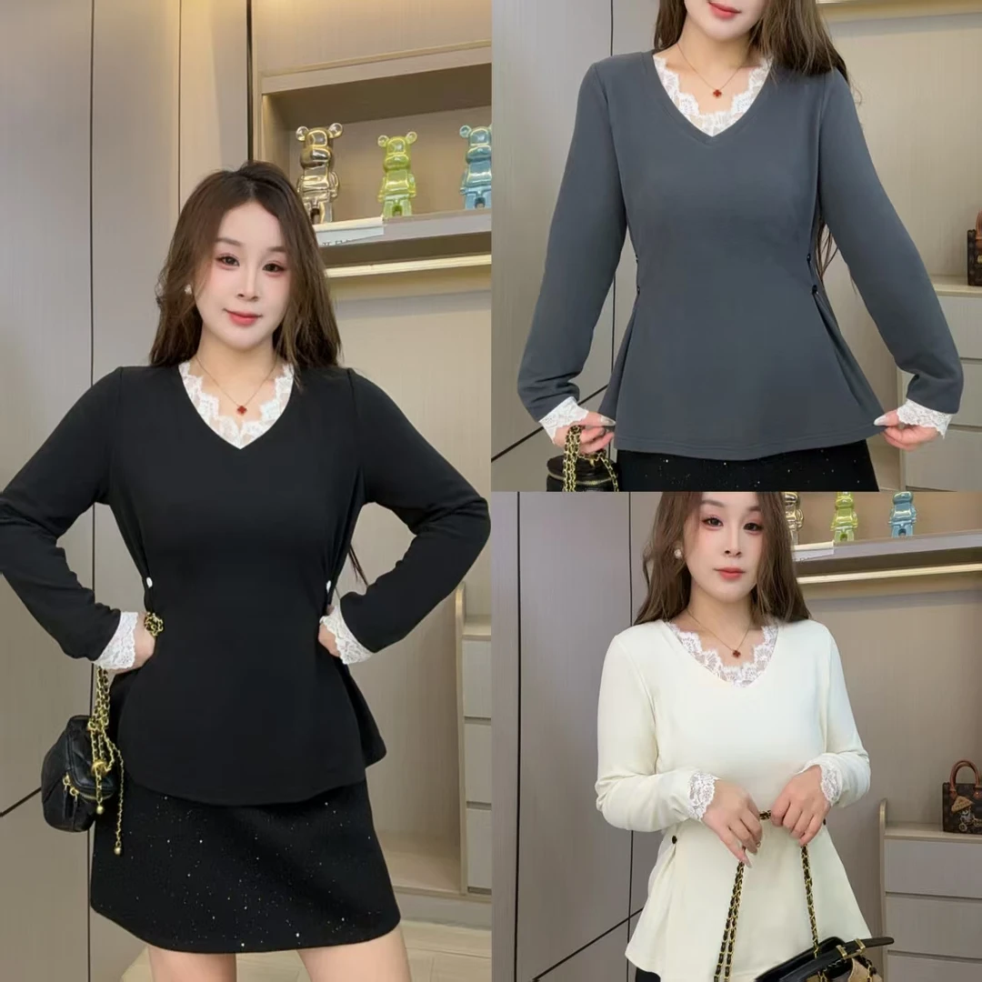 精2 胖MM诺 D25083秋季高级蕾丝拼接显瘦纽扣收腰韩系百搭打底衫