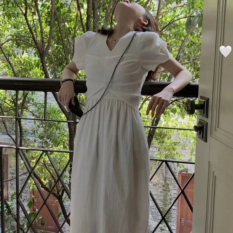 特价夏季法式高级感收腰长裙温柔风茶歇白色仙女连衣裙3276