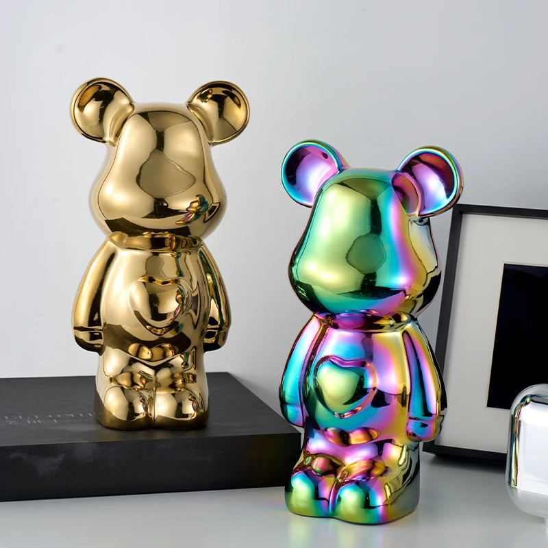 陶瓷电镀18cm爱心熊酒柜摆件客厅轻奢风潮玩工艺品玄关酒架装饰品