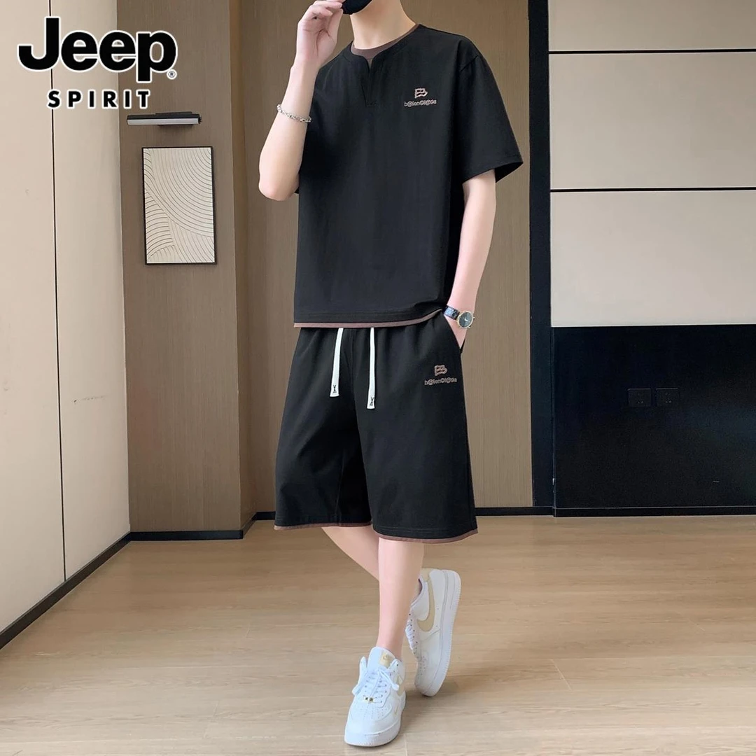 Jeep吉普男士休闲运动套装夏季薄款圆领短袖t恤搭配短裤两件套男