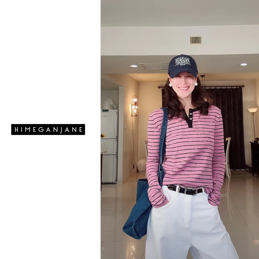 HIMEGANJANE “挚爱经典”条纹亨利领弧形收腰显瘦色织长袖 SF-0316