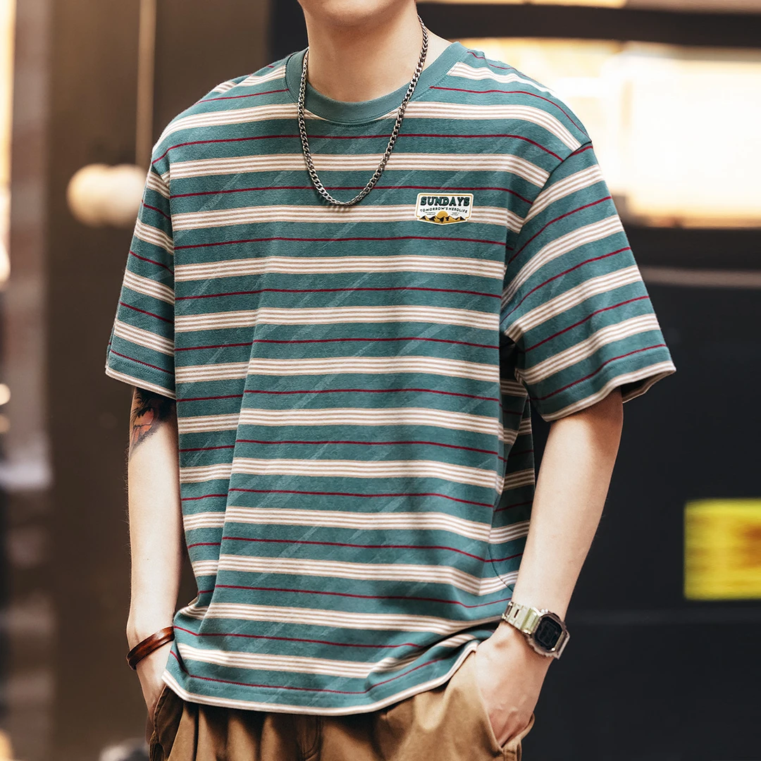 格蓝鹿260g重磅拼色条纹短袖T恤男夏季潮牌宽松美式纯棉半袖体恤