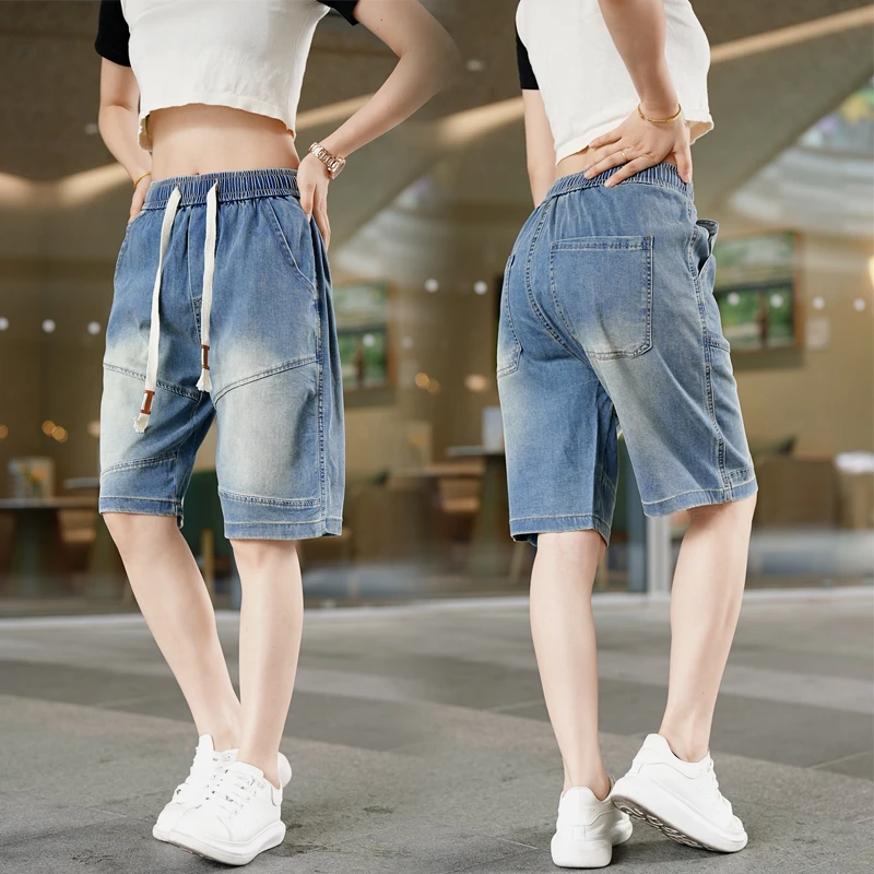 牛仔短裤男2025新款美式休闲灰色工装五分裤男生松紧腰阔腿中裤