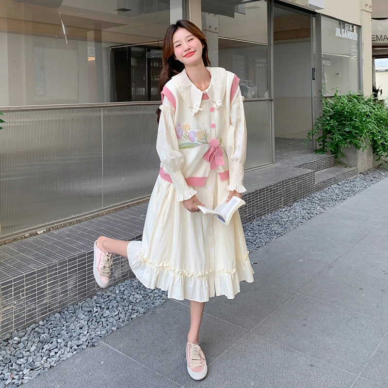 甜美减龄连衣裙套装女2025春新款度假风针织马甲娃娃领长裙两件套