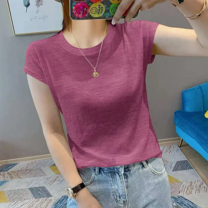 2025新款女装夏季纯色T恤女韩版短袖漂亮时尚竹节棉小众内搭上衣