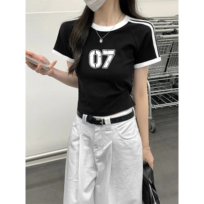 十三行高货韩版独特三条杠修身显瘦短袖t恤女007