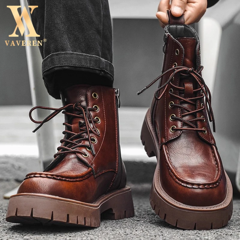 马丁靴男款英伦风真皮高帮工装皮靴子男士厚底增高男士纯色马丁靴