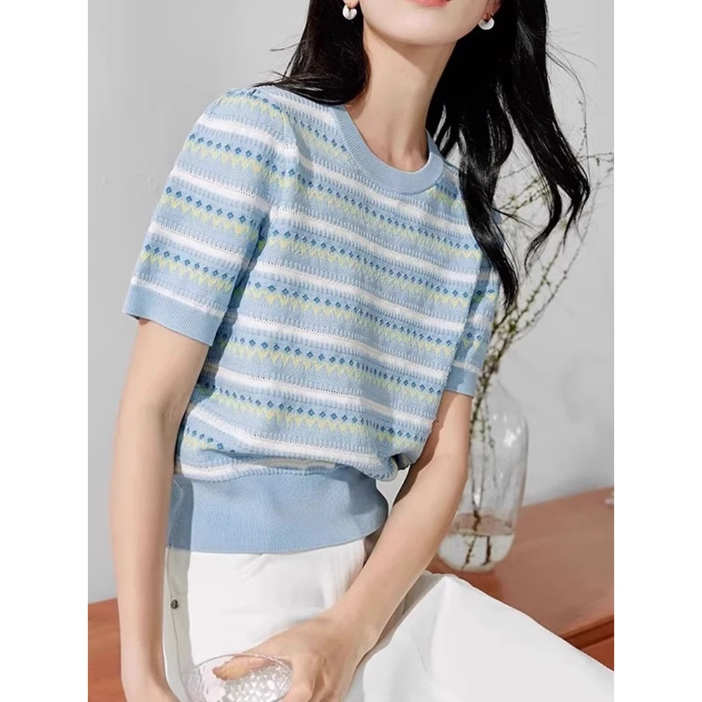 【大码】746彩虹条纹短袖针织衫夏季新款减龄百搭显瘦圆领正肩体恤