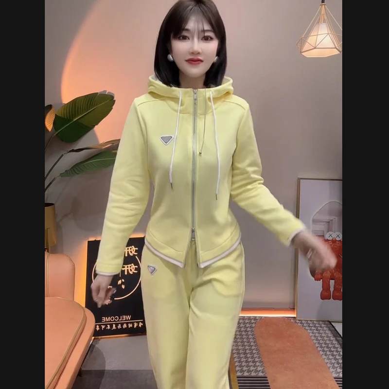 早春运动套装-休闲运动洋气减龄显瘦连帽对襟拉链上衣阔腿套装