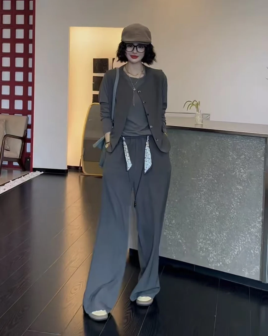 2025时尚气质休闲高品质轻奢马甲百搭打底衫松紧腰长裤套装6709