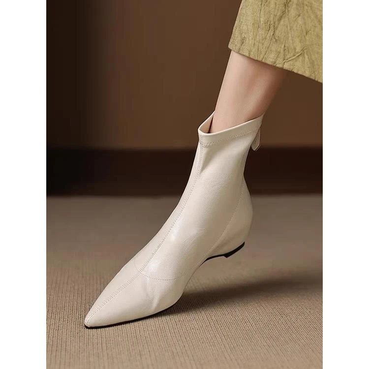 法式内增高短靴女平底秋冬新款米白色瘦瘦靴女坡跟弹力靴子女单靴