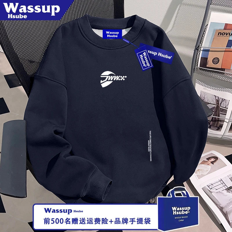 WASSUP HSUBE秋冬流行高级创意印花藏青衣重磅加绒美式男女上衣