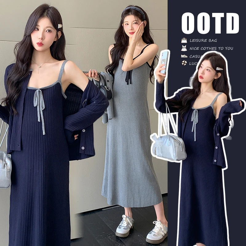 韩系小个子2025早秋新款针织连衣裙秋季孕期慵懒风韩版两件套减龄