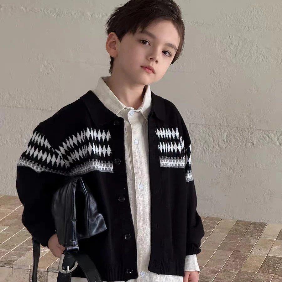 男童毛衣春秋款2025新款男孩洋气开衫撞色儿童装针织外套-8101