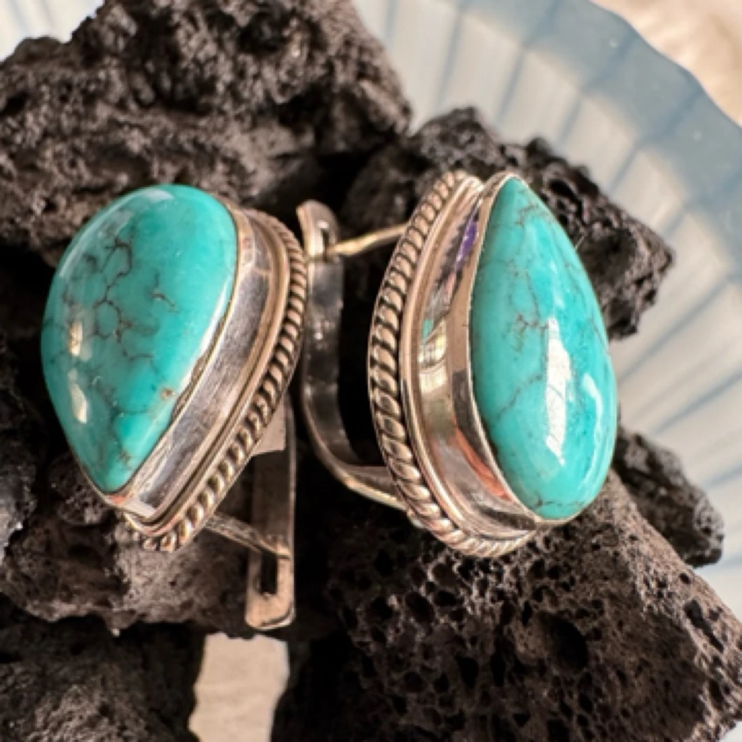 925银银制品 蒙古元素镶嵌耳钉 名族风格