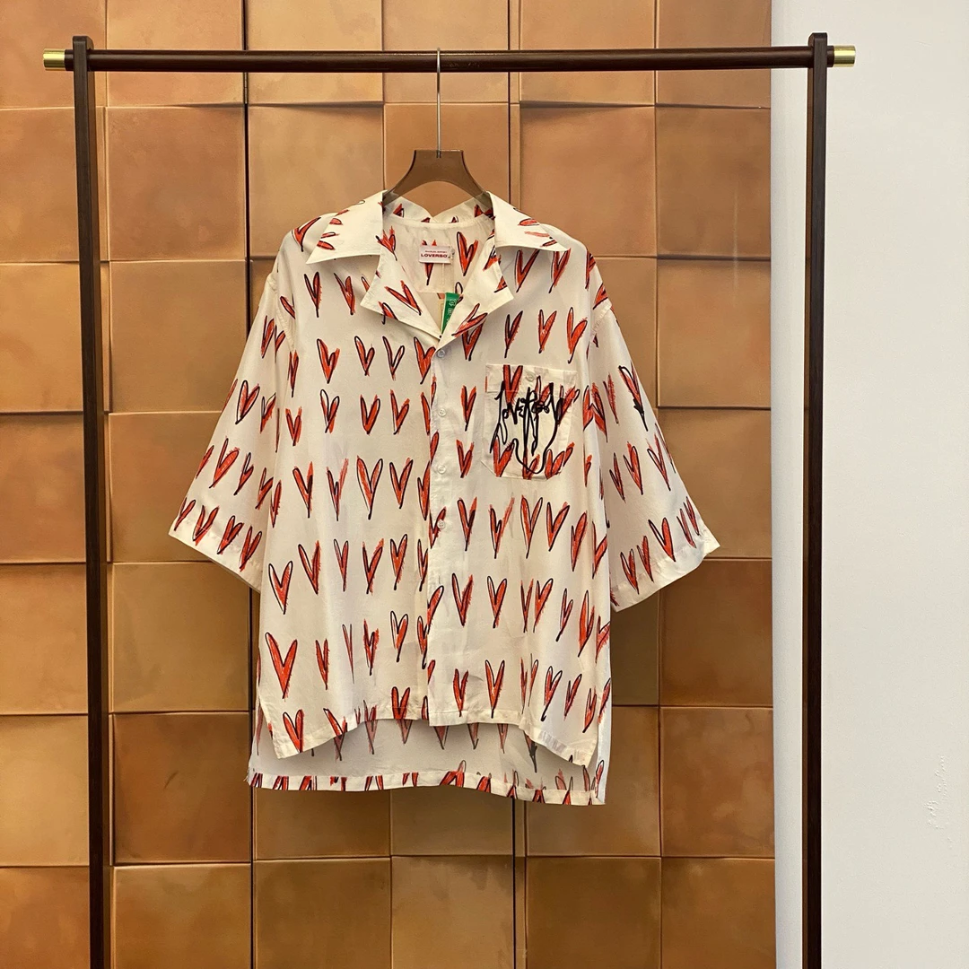 Loverboy桑蚕丝弹幕涂鸦爱心满印短袖衬衫/L码/99新/29224