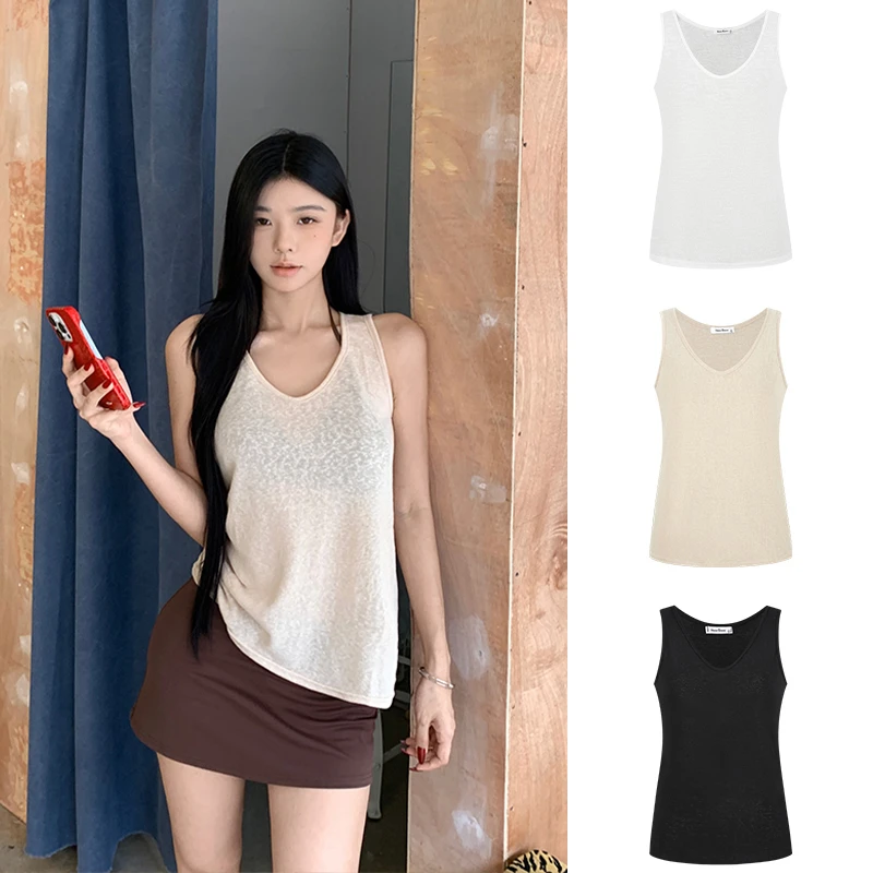 Moses Queen/魔西女王慵懒风V领微透外穿背心宽松显瘦气质上衣