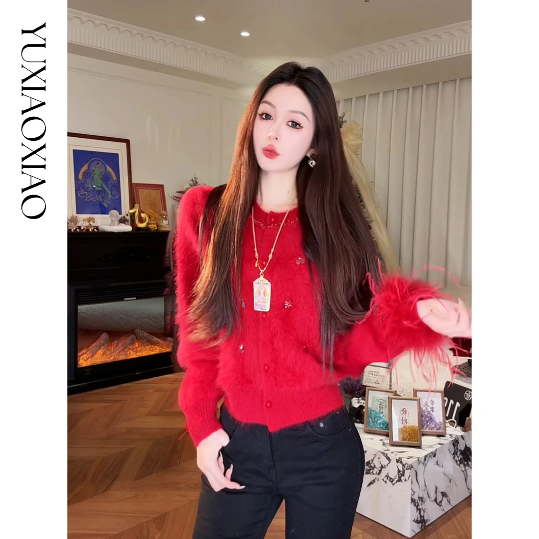 余潇潇【红运花火】100羊毛袖口可拆卸鸵鸟毛立体花朵圆领羊毛衫
